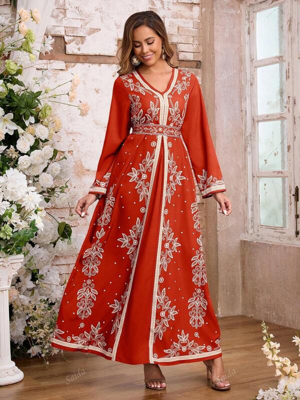 Women's Muslim Abaya Long Dress Printed Belt Abaya Evening Dress, Modest Kaftan