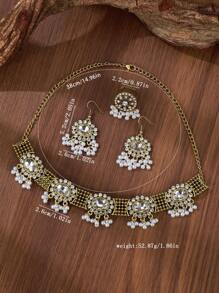 4pcs/Set European & American Vintage Palace Style Women Jewelry Set: 1pc Sapphire Crystal Glass Faux Pearl Tassel Pendant Necklace, 1 Pair Earrings, 1pc Rhinestone Ring
