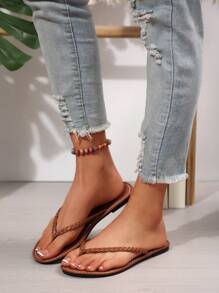 Spring/Summer New Arrival Women Flat Toe Post Sandals, Round Toe Flat Casual Slippers For Indoor & Outdoor Wear - Brown - View 4