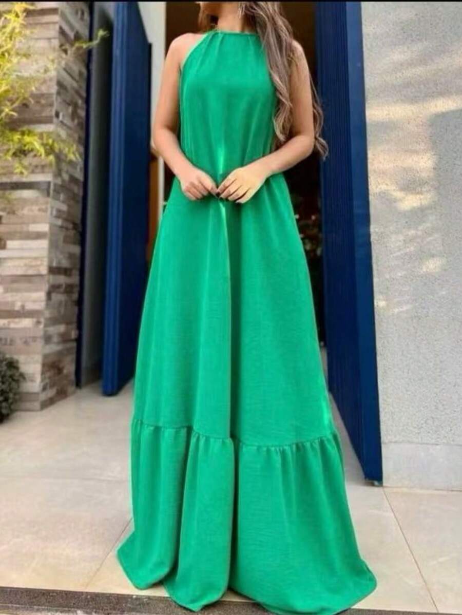 Women's Halter Backless Dress With Padded Cup H-6 - Green - View 1