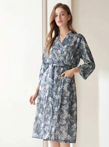 1PC Women's Home Dress With Palm Leaf Print Belt, Bathrobe, Home Clothes, Strap Style Duster, Robe With Pocket Back To School - Grey - View 14