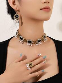 4pcs/Set European & American Vintage Palace Style Women Jewelry Set: 1pc Sapphire Crystal Glass Faux Pearl Tassel Pendant Necklace, 1 Pair Earrings, 1pc Rhinestone Ring