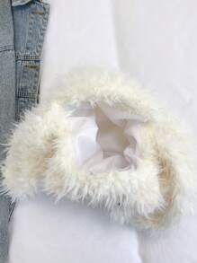 1 件白色新款时尚卡通狗毛绒大容量手提包，女士单肩包 - 白色 - 查看 4