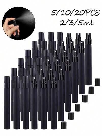 5/10/20pcs Refillable Mini Black Perfume Spray Bottles, Portable Refillable Perfume Atomizer Containers, Cosmetic Essence Water Storage Bottles, Perfume Spray Bottles, Perfume Spray Pump Boxes, Mini Pocket Perfume Spray Bottles, Refillable Perfume Dispenser Transfer Tools (2ml/3ml/5ml), Travel Essentials