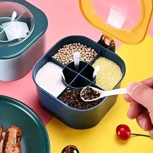 4-In-1 Large Capacity Seasoning Box Set With Lid And Spoon - ABS Material, Perfect For Home Kitchen Sorting, Salt Jars, Combination