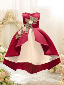 Vestido de princesa de fiesta para niña con bordado 3D, chaleco colorido y bajo con cola al estilo palaciego - Rojo - Ver 1