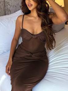 Sleeveless Low Back Fitted Mesh Patchwork Dress - Brown - View 4