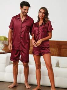 Men's Embroidered Heart Lapel Collar Top And Shorts Pajama Set