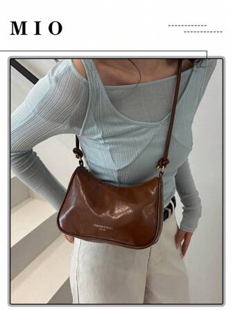 Korean High-End Sense Simple Niche Mobile Phone Crossbody Bag, Oil Wax Leather Leisure Retro Commuting Baguette Bag Shoulder Bag