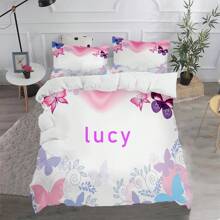 3pcs Customized Bedding Set, Butterfly Pattern, Personalized Name, Digital Printing, 100% Polyester Fabric, Suitable For Girls, Gift Choice, Multifunctional, Decorative, Letter Pattern, Fashion & Modern, Colorful, Cute & Charming, Casual & Versatile, Customizable, Personalized, Unique, Ideal Gift For Him/Her - Multicolor - View 4