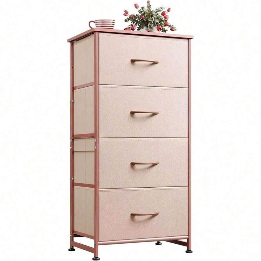 Rustic Brown Wood Grain Print Dresser With 4 Drawers – Fabric Storage Tower Offers Versatile Organization – Features Sturdy Steel Frame & Elegant Wood Top – Easy Pull Handle Ensures Smooth & Effortless Access – Ideal Organizer Unit For Bedrooms, Hallways, Entryways, & Closets – Keeps Clothes & Other Essentials Neatly Stored & Accessible - 粉色 - 查看 1