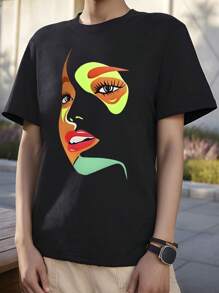 Women's Personalized Print Colorful Face Loose Round Neck T-Shirt