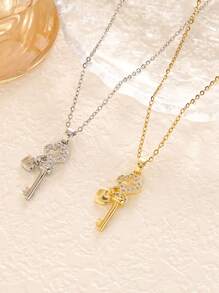 1pc Fashion Rhinestone Key Heart Pendant Necklace, Versatile, Delicate, Chic, Refined, Collarbone Necklace For Women