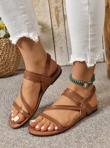 2022 新款女士加大码罗马风格平底凉鞋，适合夏季，休闲海滩度假时尚舒适棕色凉鞋 - 棕色 - 查看 2