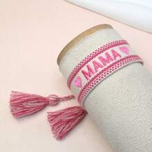 1pc Embroidered MAMA Heart Boho Tasseled Braided Bracelet - Hot Pink - View 6