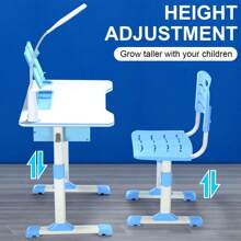 OYAJIA Adjustable Height Kids Desk & Chair Set: Comprehensive Study Table With Drawer, Book Stand, Pen Slot, And Reading Lamp – Ideal Gift Set For Boys And Girls - Blue - View 2