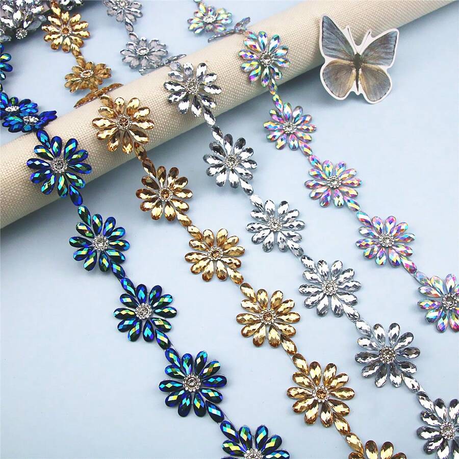 1 件树脂水钻花朵装饰热熔胶饰边适用于服装、婚纱、腰带配饰
