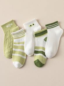 Fresh Green & White Stripe, Eye & Bee Pattern Comfortable Breathable Sweat-Absorbent Casual, Campus, Sports Socks For Women, Spring/Summer