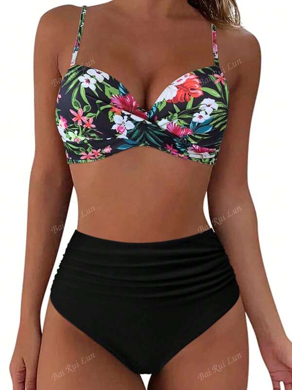 Women's Summer Split Swimwear Sexy Padded Bikini, Beach Outfit, Random Floral Print