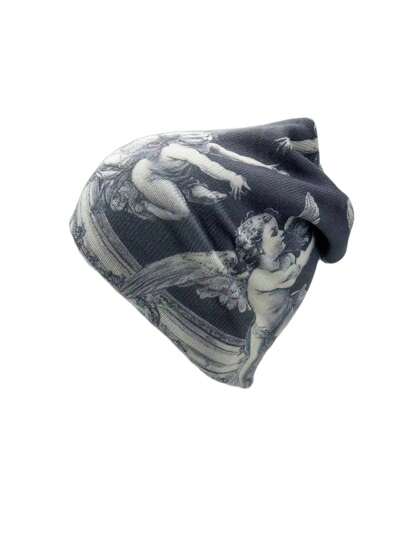 Y2K All-Over Angel Print Piled Up Hat, , Recommended Hot Selling Item, Suitable As Gift, Angel Pattern Casual Acrylic Knitted Hat For All Seasons Beanie Fall Outfit