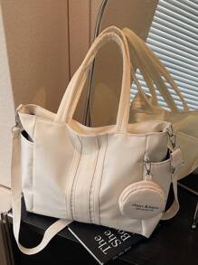 New Casual Solid & Striped Pattern Multi Pocket Shoulder Tote Bag, Suitable For Commuting, Shopping, School, Includes Coin Purse, Women