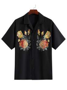 Men's Floral Print Polo Collar Short Sleeve Shirt, Fashion Summer