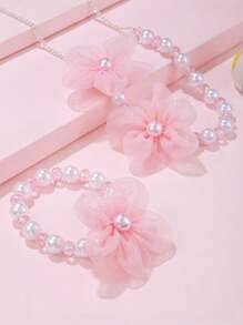 2pcs/Set Handmade Pink Chiffon Flower Pearl Beaded Bracelet & Necklace Set, Suitable For Daily Wear, Kid's Jewelry