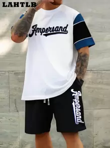 Men's Letter Print Crew Neck Short Sleeve Casual T-Shirt And Drawstring Waist Shorts Set, Summer