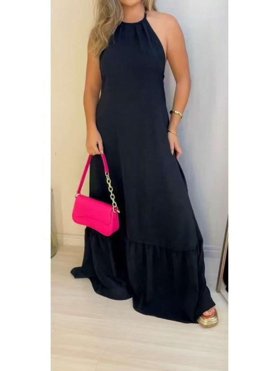 Women's Halter Backless Dress With Padded Cup H-6 - Negro - View 1