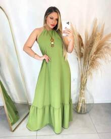 Women's Halter Backless Dress With Padded Cup H-6 - Verde Oliva - Ver 2