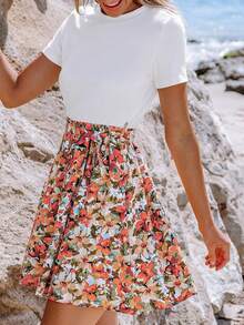 Unabhängigkeitstag & Abschluss Blumenkleid mit weißer gerüschter Bluse, dehnbares Top, kurze Ärmel Ditsyblumen-Mesh-Rock, Strandmode-Outfit für Frauen, Hochzeitskleid, Braut