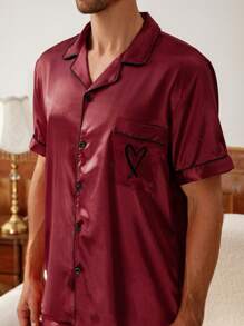 Men's Embroidered Heart Lapel Collar Top And Shorts Pajama Set