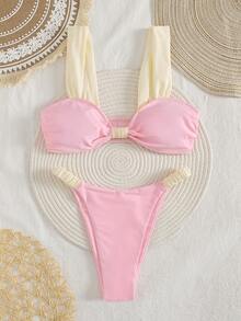 PEPPERMOLLY Bộ bikini màu trơn mới, có đệm mềm, dây đeo dày, xếp ly, gợi cảm, đồ bơi thời trang dành cho nữ, thích hợp cho kỳ nghỉ hè ở bãi biển. - Hồng 1 - Xem 4