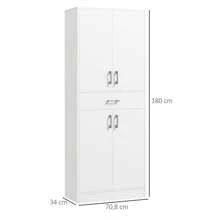 HOMCOM HOMCOM Alacena de Cocina Mueble de Cocina con 4 Puertas 1 Cajón y Estantes Ajustables Antivuelco Armario de Cocina Moderno para Comedor Salón 70,8x34x180 cm Blanco y Plata