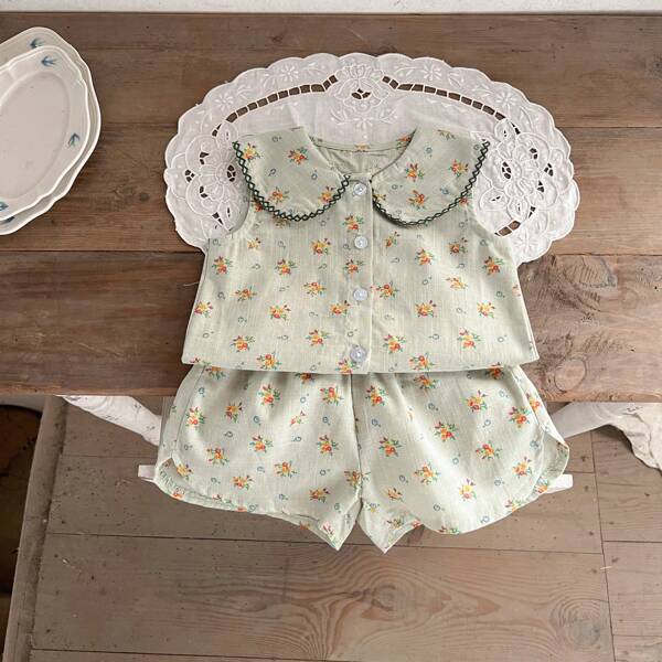 Conjunto de 2 piezas de niña bebé con blusa de manga corta con cuello y pantalones cortos holgados con estampado floral de margaritas, conjunto informal de estilo escolar para el verano