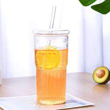 1pc Milk Tea/Cold Drink Glass Cup With Straws, Minimalist Vertical Stripe Water Cup, High-End Appearance Coffee Cup Suitable For Restaurant, Bar, Home, Holiday Party, Glass Jar, Transparent Pearl Milk Tea Cup, Fruit Juice Beer Cup, Milk Mocha Cup, Breakfast Cup