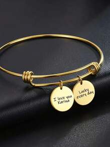 Personalized Customized Stainless Steel Circular Pendant Bracelet With Name And Number Engraved On It, Adjustable Bracelet