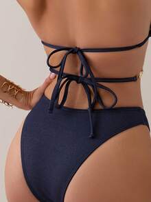 带贝壳装饰的比基尼泳装套装 夏季 - 藍色 - 查看 6