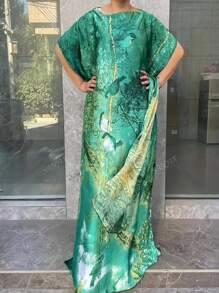 A Women's Plus Size Floral Print Long-Sleeved Dress With Scarf, Elegant Round Neck Batsleeves, Loose Polyester Long Skirt, Suitable For All Seasons, Party Wear,Modest