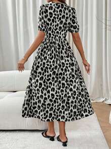 Women's Leopard Print Patchwork Contrast Color Bowknot Mini Dress