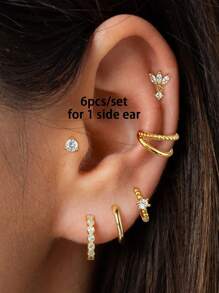 6 Pcs Classic 24K Gold Plated Cubic Zirconia Hoop Earrings For Women Zirconia Stud Earrings Set