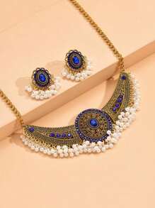 1 套波西米亚复古风格优雅奢华仿珍珠流苏水钻首饰套装包括 1 对耳环和 1 条项链，适合女性、婚礼、母亲节礼物 - 翅膀套裝 - 查看 5