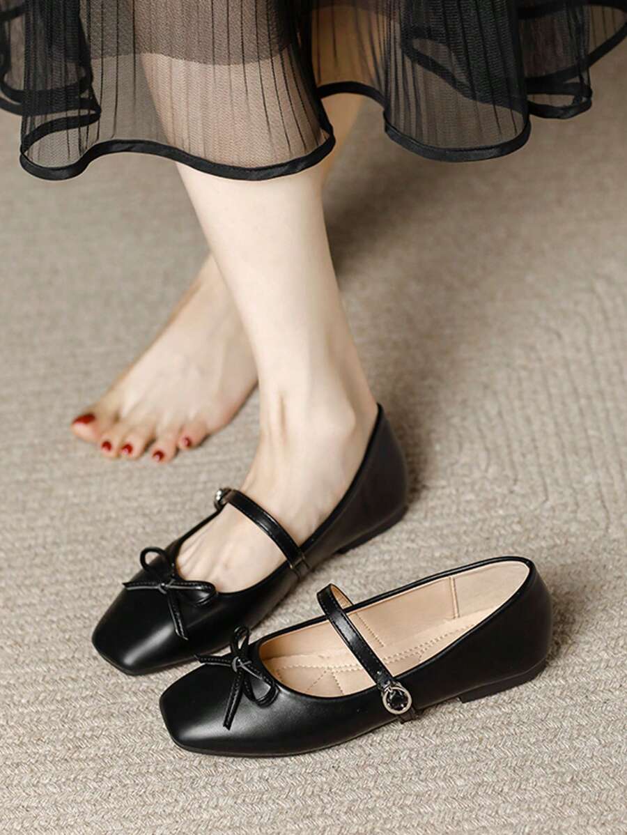 Giày lười mũi vuông thắt nơ màu đen thời trang dành cho nữ, giày bệt thanh lịch, đa năng cho công sở, giày Mary Jane thường ngày cao cấp cho mùa xuân/hè, phù hợp cho váy, hẹn hò, tiệc tùng, tiệc chiêu đãi - màu đen - Xem 1