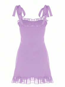 Women Sexy Ruched Solid Bodycon Slip Lace Patchwork Dress Vacation Streetwear Party Spring Summer Clothes - Purple - View 4