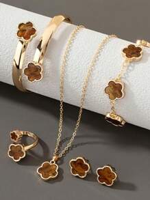 6pcs/Set Necklace, Bracelet, Earrings, Ring, Lucky Flower Necklace, Gold Earrings, Gold Ring, Gold Necklace, Gold Bracelet, Gold Bangle, Girl Jewelry Set, Suitable For Back To School, Party, Holiday - Green - View 6