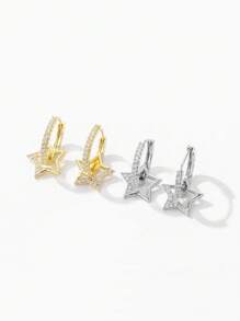 1 对时尚精致简约银色和金黄色方晶锆石太阳和北极星吊坠耳环，礼物