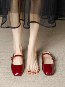 Women's Fashion Square Toe Casual Slip-On Black Shoes, Versatile Office, Outdoor Wear Flat Mules, Spring/Summer Premium Quality - 酒紅色 - 查看 3