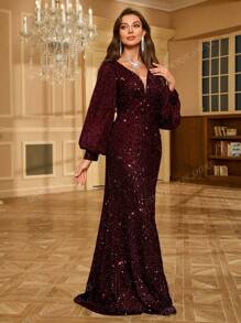 UNITHORSE Vestido de fiesta con escote en V profundo, bajo de sirena, mangas farol brillantes para mujer. Vestido formal para invitada de boda, vestido de novia, conjunto de cumpleaños, vestido de graduación, vestido de gala.