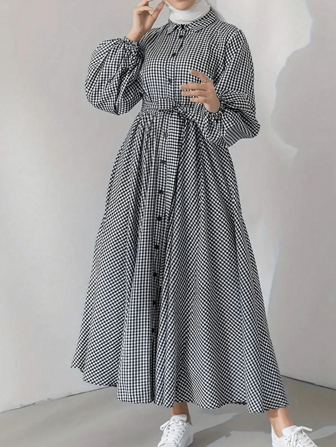 大码女式阿拉伯风格格子灯笼袖纽扣连衣裙，端庄大方