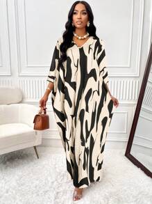 BIUBIU Summer Fashion Elegant Resort Plus Size Women's V-Neck Bat-Sleeve Slit Botanical Print Dress (Random Print) - Apricot Black Flower - View 5